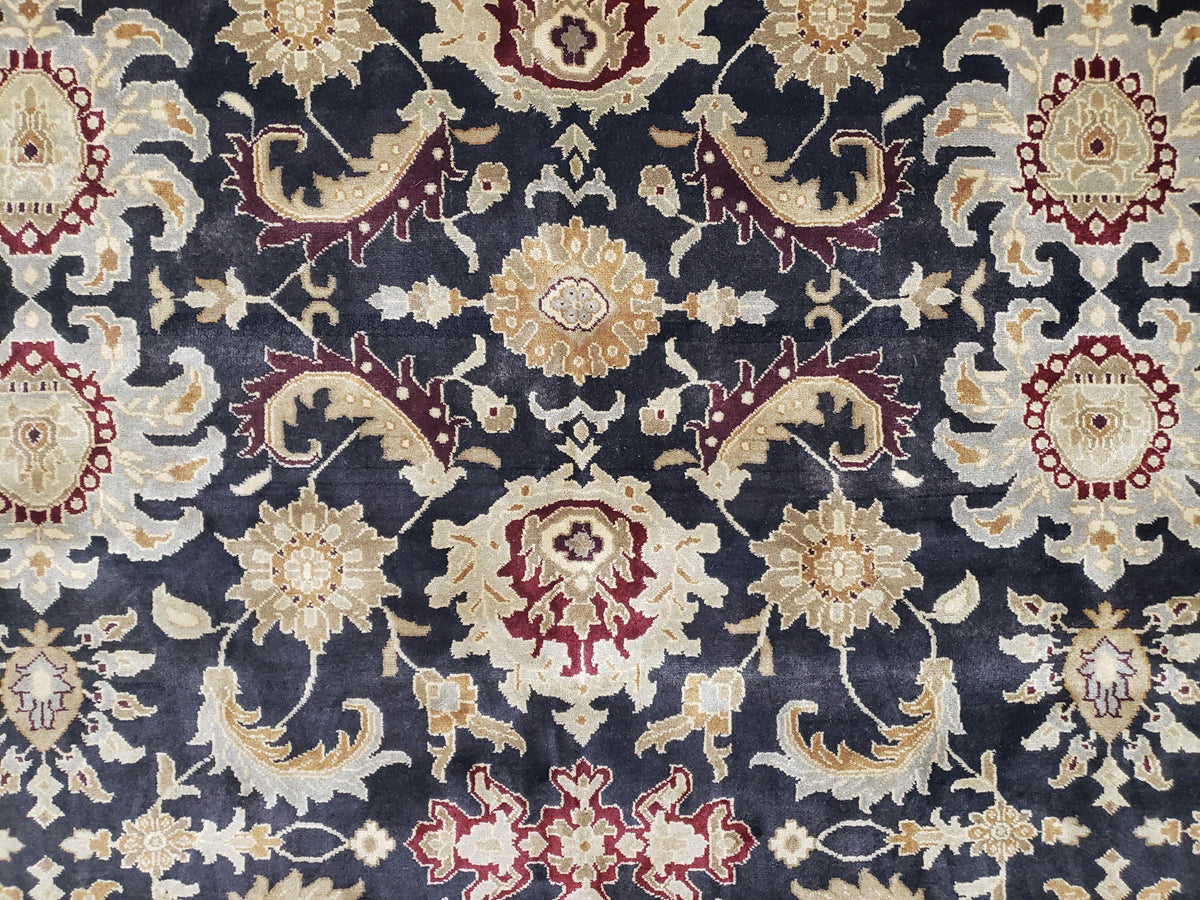 Indo Mahal Rug 8x12, Indian Sultanabad Handmade Area Rug, Vintage Hand-Knotted Wool Black Floral Traditional Oriental Dinning Room Rug