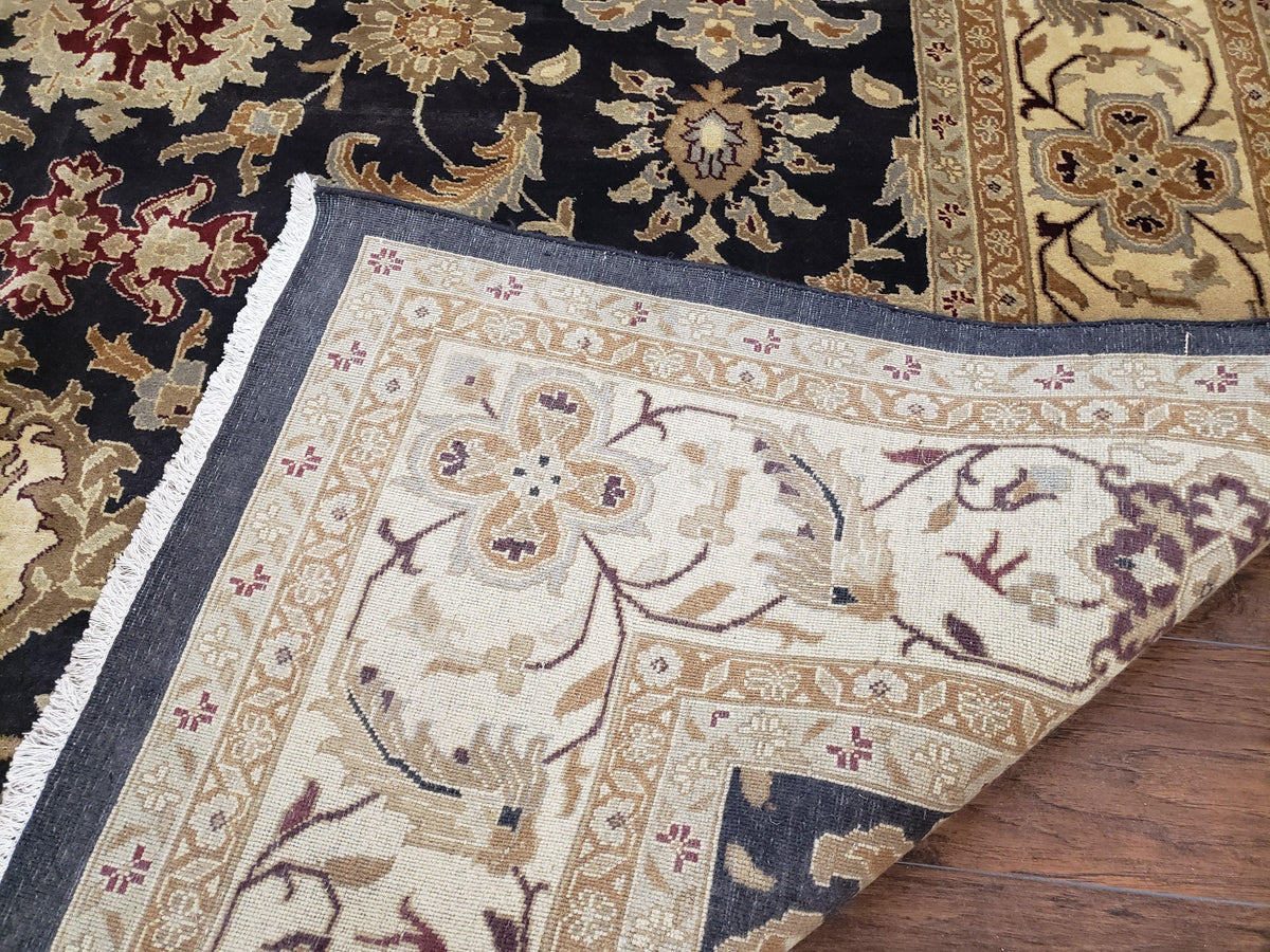 Indo Mahal Rug 8x12, Indian Sultanabad Handmade Area Rug, Vintage Hand-Knotted Wool Black Floral Traditional Oriental Dinning Room Rug