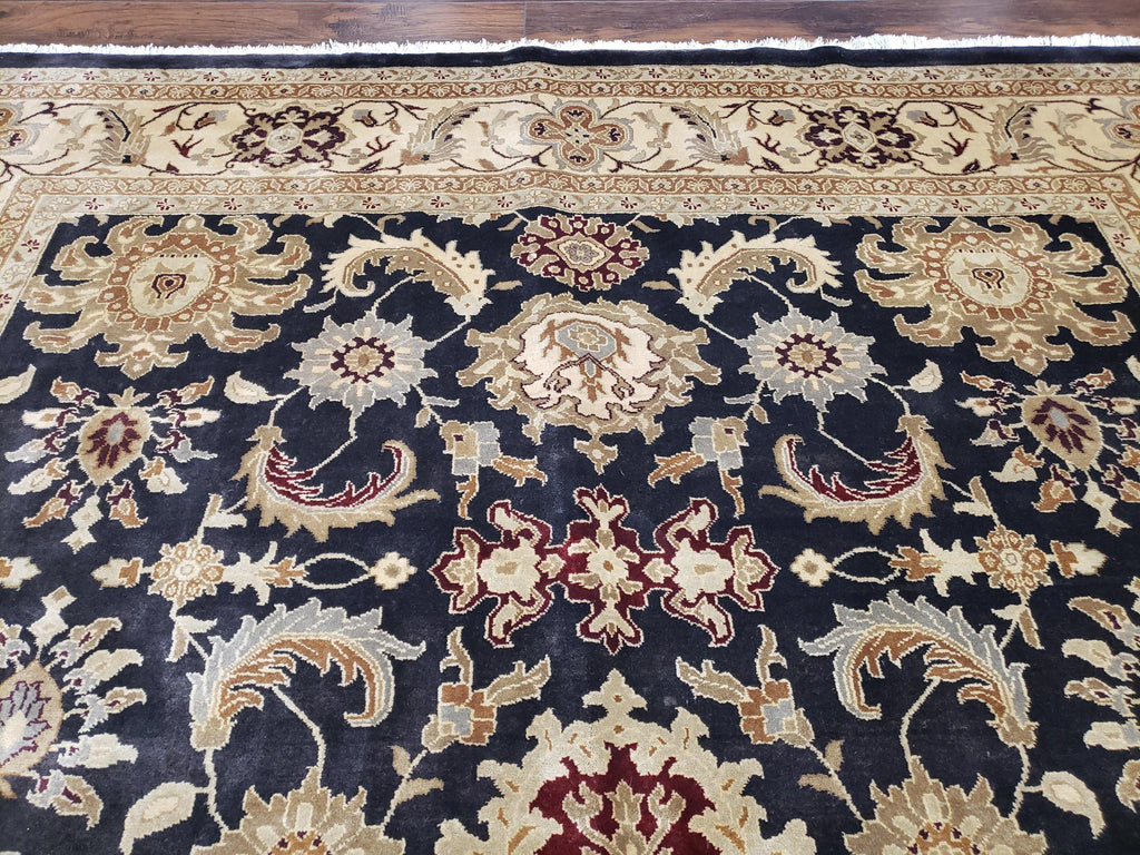 Indo Mahal Rug 8x12, Indian Sultanabad Handmade Area Rug, Vintage Hand-Knotted Wool Black Floral Traditional Oriental Dinning Room Rug