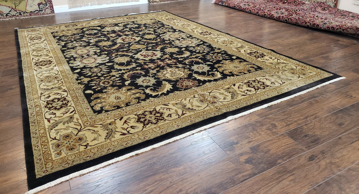 Indo Mahal Rug 8x12, Indian Sultanabad Handmade Area Rug, Vintage Hand-Knotted Wool Black Floral Traditional Oriental Dinning Room Rug