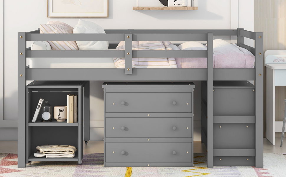 Loft Low Study Bed With Cabinet, Shelves And Rolling Portable Desk, Multiple Functions
