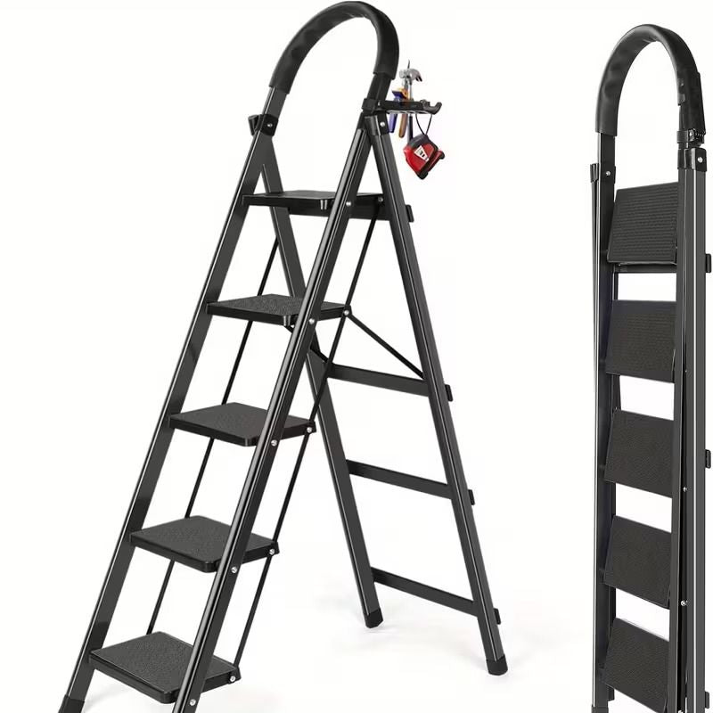 5 Step Ladder with Anti-Slip Pedals, Foldable Steel Step Stool with Tool Tray, 300LBS Capacity Portable Ladder for Home, Kitchen, Library, Office