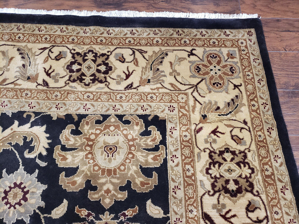 Indo Mahal Rug 8x12, Indian Sultanabad Handmade Area Rug, Vintage Hand-Knotted Wool Black Floral Traditional Oriental Dinning Room Rug